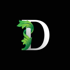 Initial letter D, 3D luxury green leaf overlapping white serif font on black background