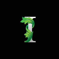 Initial letter I, 3D luxury green leaf overlapping white serif font on black background