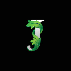 Initial letter J, 3D luxury green leaf overlapping white serif font on black background