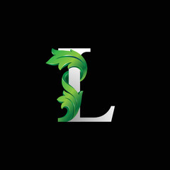 Initial letter L, 3D luxury green leaf overlapping white serif font on black background