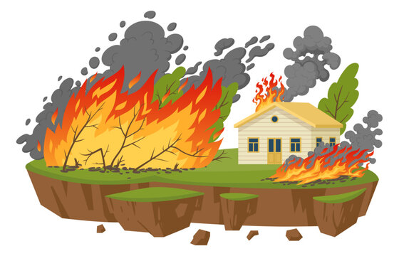 Cartoon forest fires natural disaster. Fire damage catastrophe, environmental cataclysms disaster flat vector illustration isolated on white backgroun