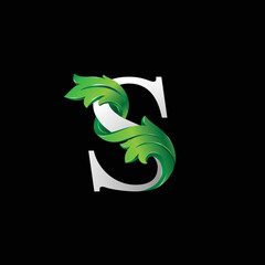 Initial letter S, 3D luxury green leaf overlapping white serif font on black background