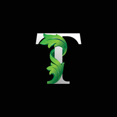 Initial letter T, 3D luxury green leaf overlapping white serif font on black background