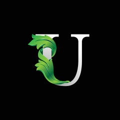 Initial letter U, 3D luxury green leaf overlapping white serif font on black background