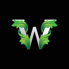 Initial letter W, 3D luxury green leaf overlapping white serif font on black background