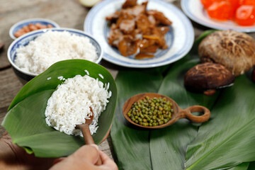 Preparation Making Chinese Rice Dumpling, Zongzhi or Bakcang