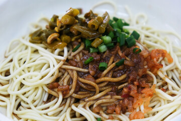 close up Hot dry noodles. A traditional breakfast food of Wuhan, Hubei, China