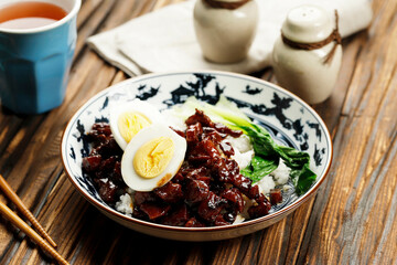 Taiwanese Braised Meat Pork Over Steamed White Rice with Boiled Egg and Pak Choi