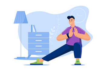 Sport at home web concept in flat design. Man doing stretching and morning fitness workout. Active sportive guy doing exercises at room. Healthy lifestyle and body care training.