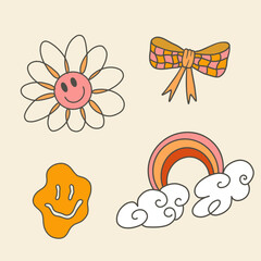 Retro Groovy Various Decorative Vector Isolated Elements Set