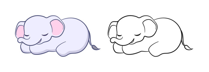 Cute sleeping baby elephant cartoon outline illustration set. Easy animal coloring book page activity for kids