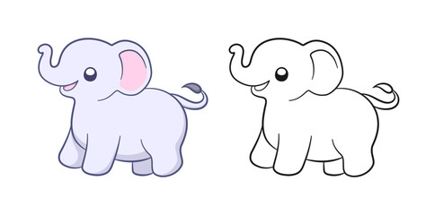Cute baby elephant cartoon outline illustration set. Easy animal coloring book page activity for kids