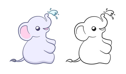 Cute baby elephant spraying water with trunk cartoon outline illustration set. Easy animal coloring book page activity for kids