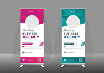Banner roll-up, stand, graphic template for exhibition, conference, accommodation advertising information, and gradient colors