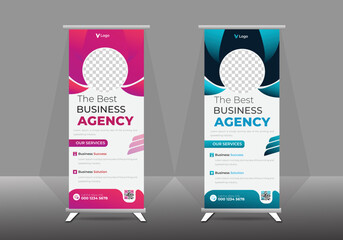 Banner roll-up, stand, graphic template for exhibition, conference, accommodation advertising information, and gradient colors
