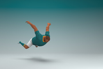 Obraz na płótnie Canvas An athlete wearing a green shirt and white pants. He is falling down.