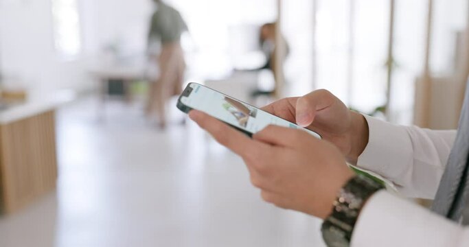 Hands closeup, phone and businessman in office for research, idea and strategy for startup design. Zoom, UI and smartphone with man designer online for inspiration, planning and app for schedule