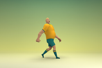 Naklejka na ściany i meble An athlete wearing a yellow shirt and green pants. He is walking. 3d rendering of cartoon character in acting.