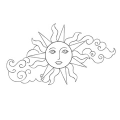 Line art Sun on the White Background. Vector Illustration.
