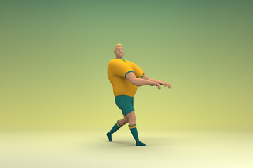 An athlete wearing a yellow shirt and green pants. He is walking. 3d rendering of cartoon character in acting.