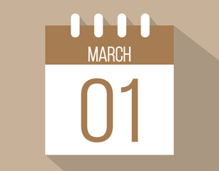 1 March calendar page. Vector icon of calendar page for March days. Brown color with shadow effect