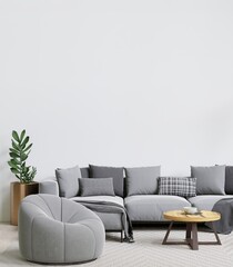 big white living room.interior design,grey sofa,lamp,wooden table,carpet wall for mock up and copy space...