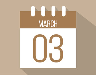 3 March calendar page. Vector icon of calendar page for March days. Brown color with shadow effect