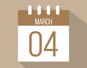 4 March calendar page. Vector icon of calendar page for March days. Brown color with shadow effect