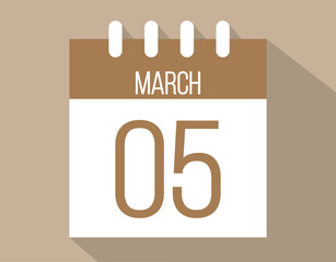 5 March calendar page. Vector icon of calendar page for March days. Brown color with shadow effect
