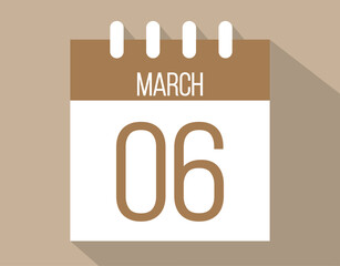 6 March calendar page. Vector icon of calendar page for March days. Brown color with shadow effect