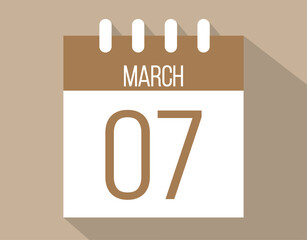 7 March calendar page. Vector icon of calendar page for March days. Brown color with shadow effect