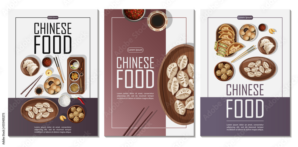 Wall mural Set of templates posters design for restaurant, banner, card, flyer, menu, brochure. Vector illustration of Chinese food and copy-space on vertical A4 posters.