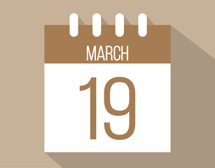 19 March calendar page. Vector icon of calendar page for March days. Brown color with shadow effect