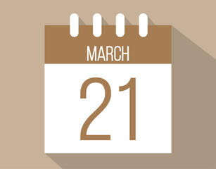 21 March calendar page. Vector icon of calendar page for March days. Brown color with shadow effect