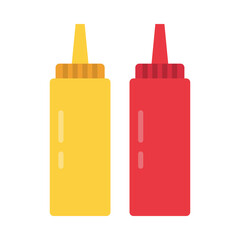 Condiments icon. Mustard, tomato ketchup. Sauces in bottles.