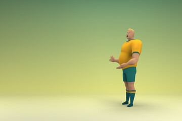 An athlete wearing a yellow shirt and green pants is expression of hand when talking. 3d rendering of cartoon character in acting.