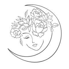 Woman Head with Florals and Moon. Fashion Style. Vector Illustration.