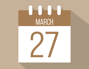 27 March calendar page. Vector icon of calendar page for March days. Brown color with shadow effect