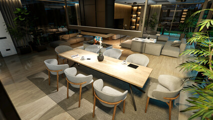 3d rendering of modern cozy interior with living,dining zone stair and kitchen for sale or rent with wood plank by the sea in night. Warm interior lighting combined with cold light from night street
