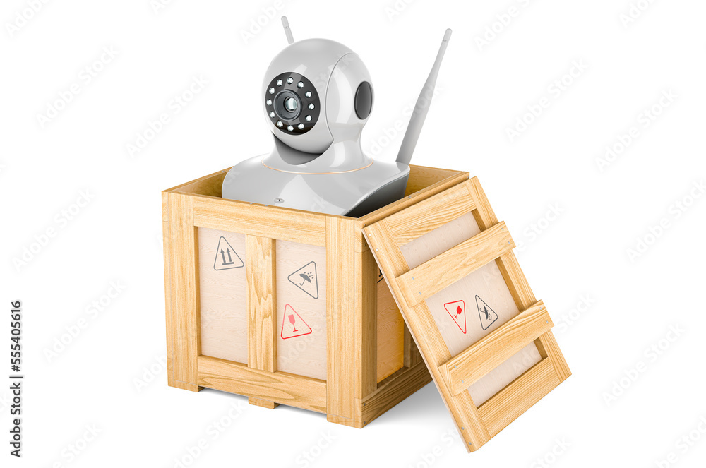 Poster internet protocol camera inside wooden box, delivery concept. 3d rendering