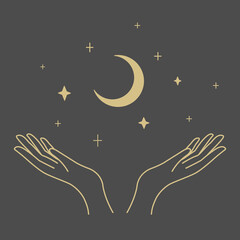 Obraz na płótnie Canvas Gold Moon and Hands on the dark Background. Vector Illustration.