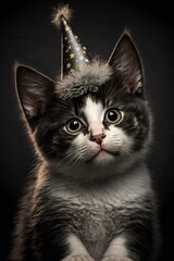 Black and white kitten with the celebration hat. Greeting card background. Happy Birthday. Generative ai. 