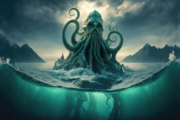 Mysterious monster Cthulhu in the sea, huge tentacles sticking out of the water, landscape. 3d illustration - obrazy, fototapety, plakaty