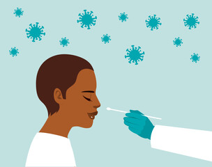 Flat vector illustration of Covid PCR test. Woman patient during nasal swab for lab research scared and with uncomfortable expression checking Coronavirus with sample from nose - obrazy, fototapety, plakaty