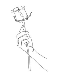 stylized hand holding a flower in one line drawing.  beautiful minimalist, vector illustration