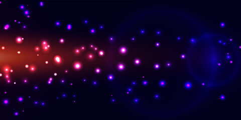 Wonderful abstract background of glitter lights and defocused bokeh. Blinking blue, pink and purple magic sparks, stars on dark background. Neon glow colors. Cosmic backdrop, galaxy