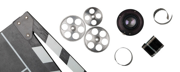vintage classic clapperboard and lenses and videotape