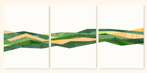 Green farm agriculture field template. Agro design vector layout. Abstract eco poster. Collection of ecology backgrounds. Eco countryside, hill shape, decoration set of organic farmland, nature art © Maria Petrish