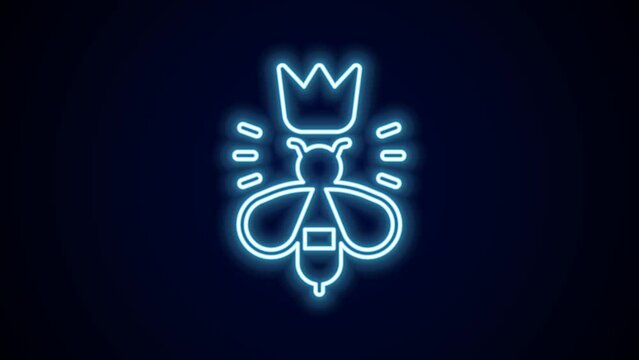 Glowing neon line Queen bee icon isolated on black background. Sweet natural food. Honeybee or apis with wings symbol. Flying insect. 4K Video motion graphic animation
