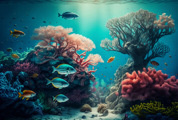 Fototapeta na wymiar fish swimming underwater in a coral reef with the sun shining through the water created with generative ai technology